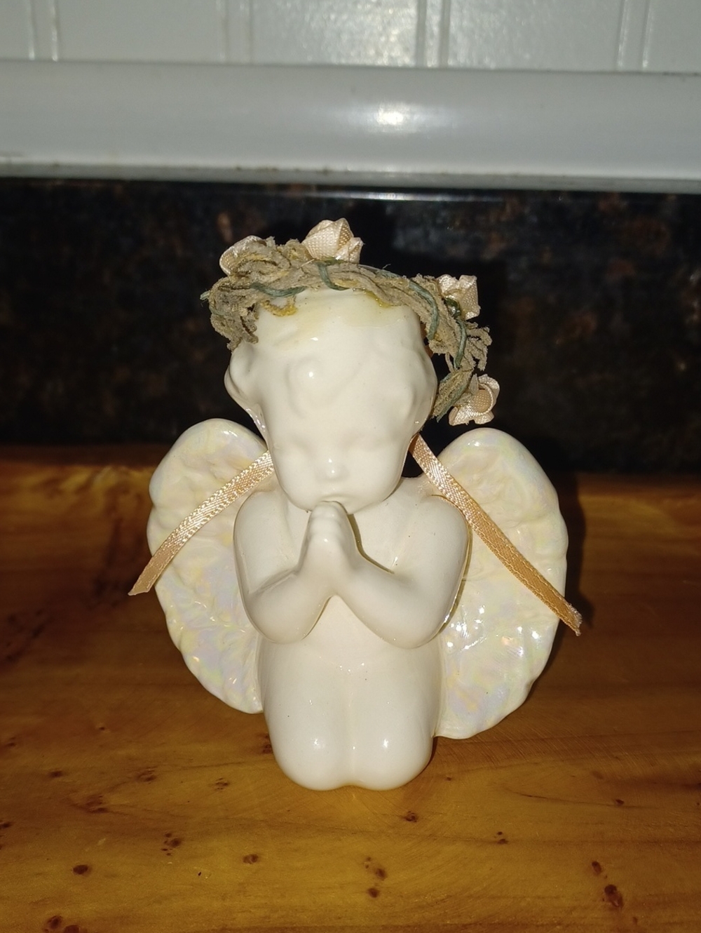 Vintage Glazed Porcelain Kneeling Praying Angel Cherub Figurine Flower Wreath